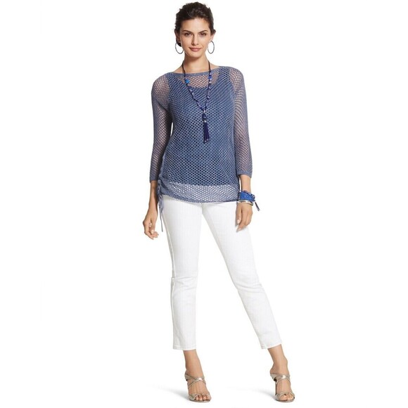 Chicos Bayla Open-Knit Sweater Blue Size 0 / Small Textured Drawstring Sides - Picture 1 of 16
